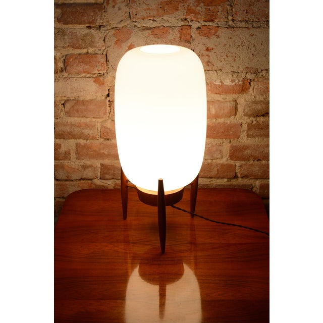 Mid-Century Czech Table Lamp in Opaline Glass and Wood attributed to Úluv Krásná Jizba, 1950s For Sale - Image 9 of 11