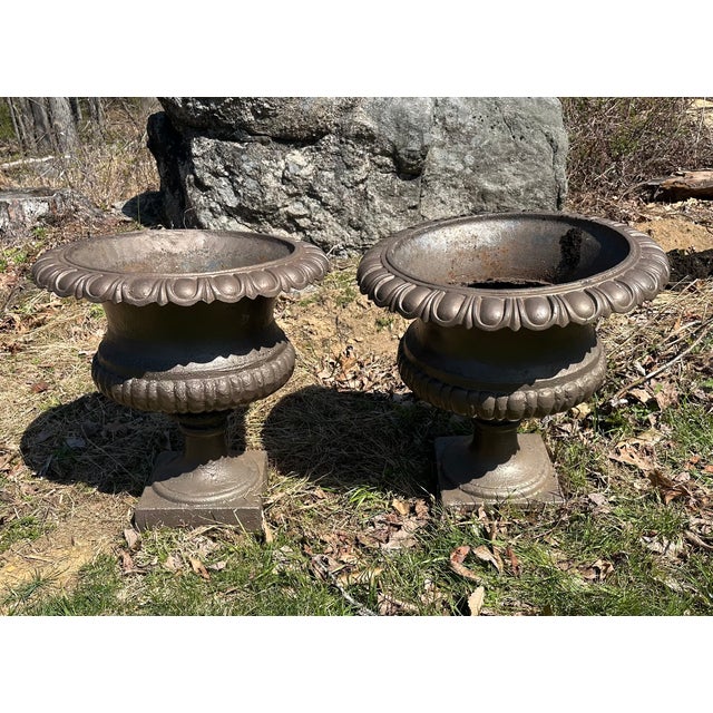 Late 20th Century Shallow Form English Cast Iron Urns - A Pair For Sale - Image 9 of 10