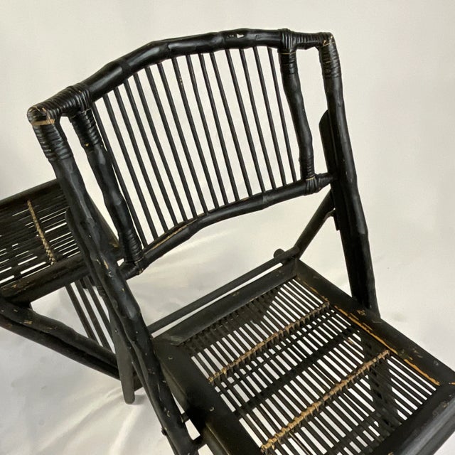 Mid 20th Century Vintage Chinoiserie Black Painted Bamboo & Wood Folding Chairs - A Pair For Sale - Image 5 of 11