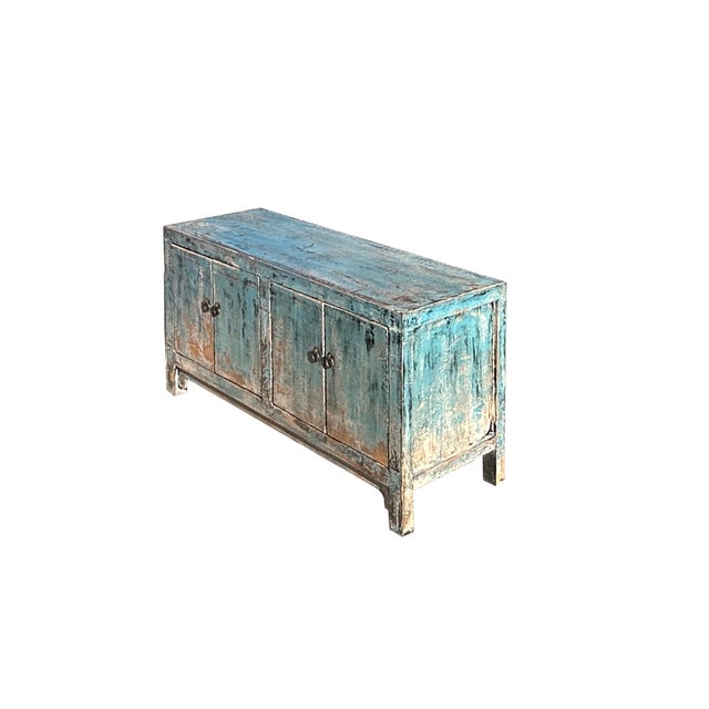 Distressed Aqua Turquoise Blue Small Low Tv Stand Console Cabinet For Sale - Image 4 of 5