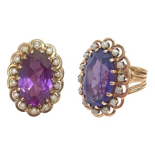 Vintage Oval Cut 13.5ct Color Change Corundum Sapphire 14k With Pearls Ring 6 For Sale