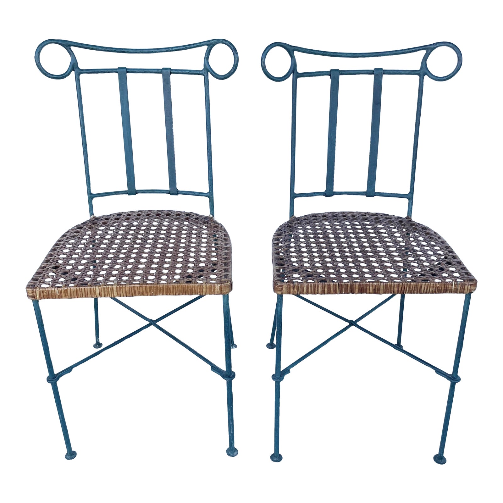 Pair of Art Deco Green Wrought Hammered Iron & Caning Chairs Chairish