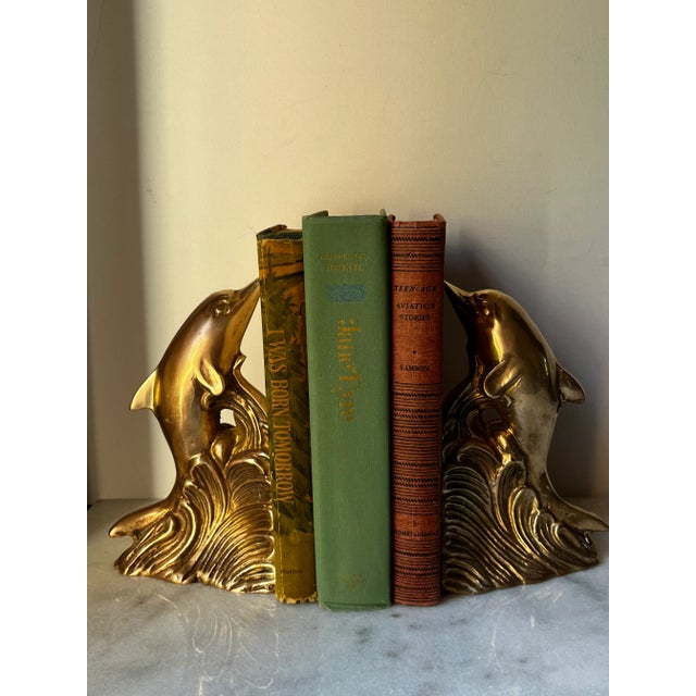 Vintage Brass Delphine Bookends For Sale - Image 10 of 11
