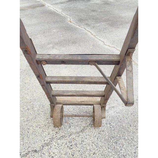 Antique Industrial Vintage Oak Wood and Steel Metal Factory Hand Truck For Sale - Image 4 of 12