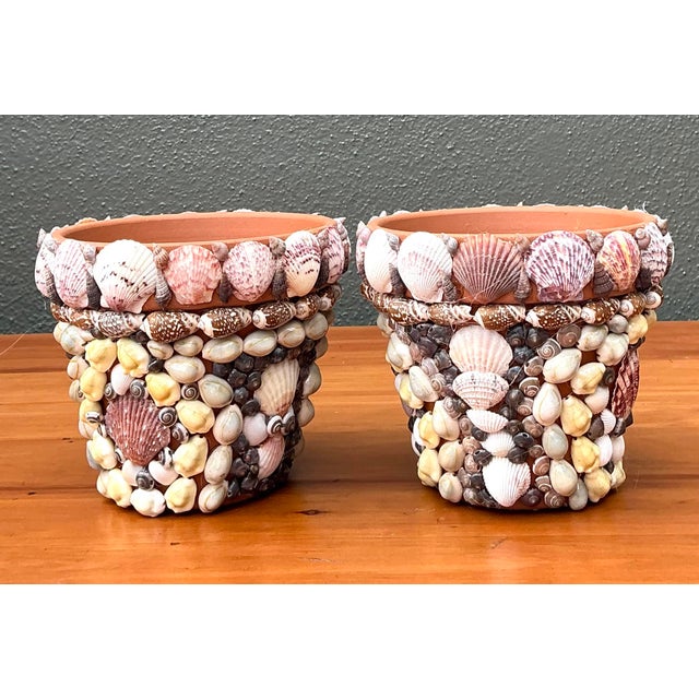 Vintage Shell Encrusted Terra Cotta Pots - A Pair For Sale - Image 4 of 12