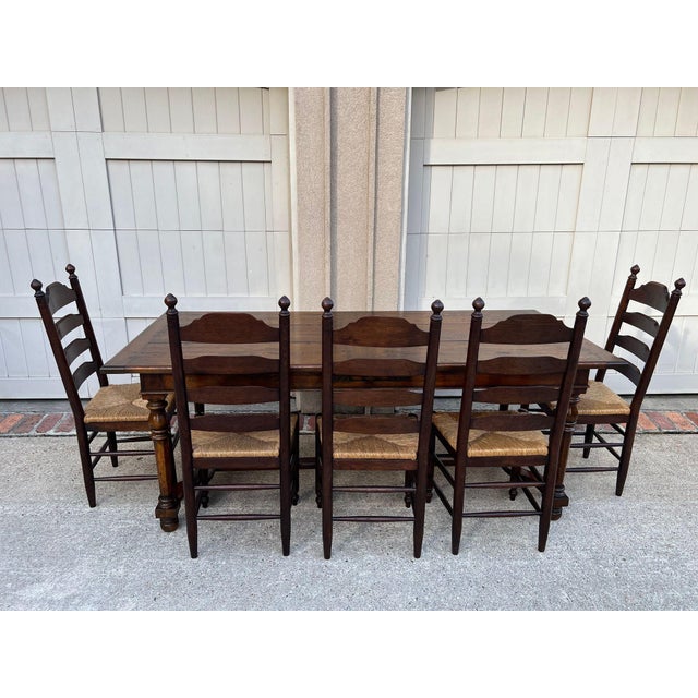 Vintage English Dining Chairs Set 6 Oak Ladder Back Rush Seat Woven For Sale - Image 15 of 18