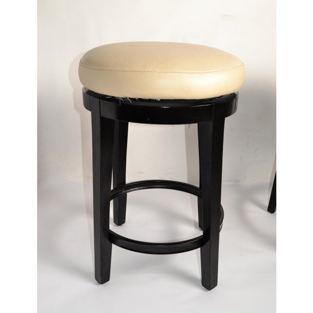 Pair, Vintage Swivel 24 Inch Kitchen Stools Black Wood Tan-Beige Faux Leather Seats For Sale - Image 9 of 16