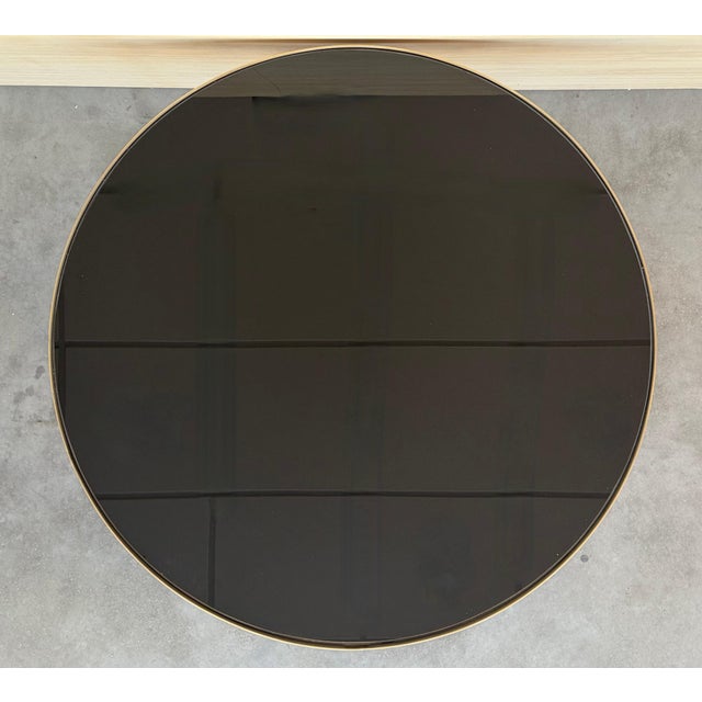 1970s Hollywood Regency Round Cantilever Brass Dinning Table with Black Glass For Sale - Image 12 of 18