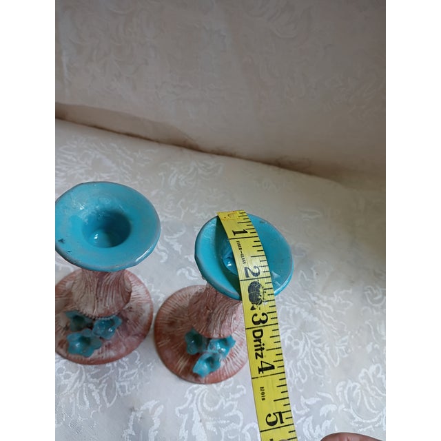 Ceramic Vintage Mid-Century Faux Bois Ceramic Candle Holders With Teal Glazed Rims - A Pair For Sale - Image 7 of 10