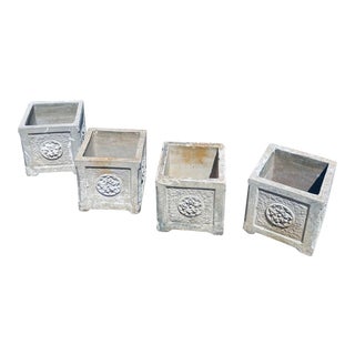 1940s Vintage Cement Planter Boxes With Motif - Set of 4 For Sale