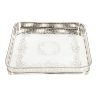 English Sheffield Plated Footed Barware Gallery Tray For Sale