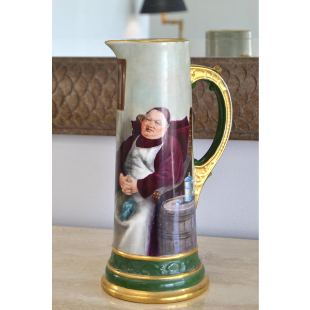 French 1902 Porcelain Carafe, Pitcher or Jug, depicting sitting Monc and Gilt Details. In good vintage condition with...