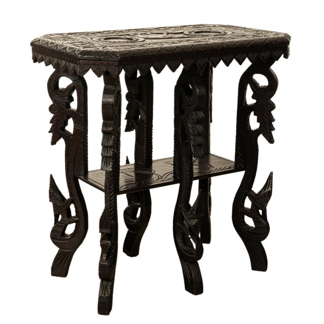 Antique Carved Anglo Indian Teak Wood Elephant Twin Tier Lamp Side Table 1900 For Sale - Image 13 of 17