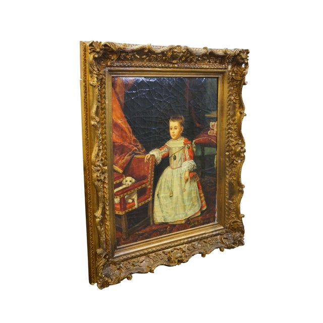 Late 20th century portrait oil painting on burlap canvas after a work depicting the infant Prince Philip Prospero,...