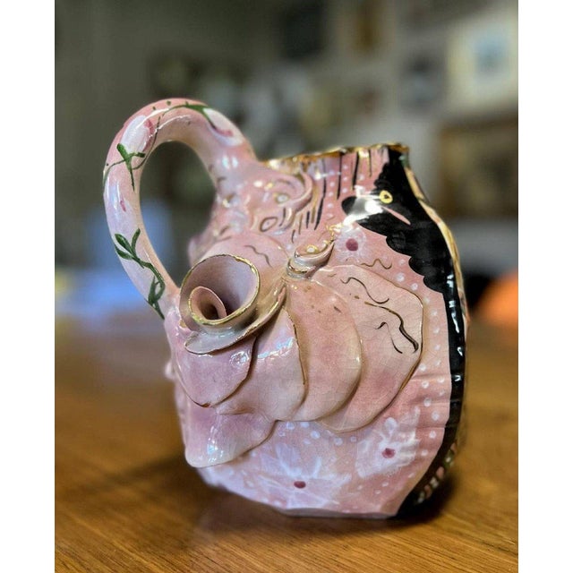 Laney K. Oxman: Multicolored ceramic and slipware pitcher with various modernist motifs, signed and dated 1992, h23 x 20 x 21