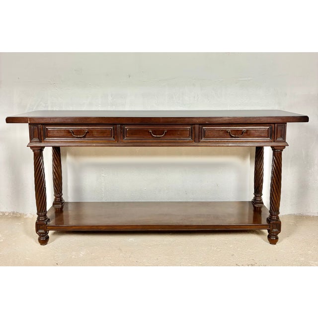 Rustic Large Spanish Walnut Rustic Console With Three Drawers and Lower Shelf, 1930s For Sale - Image 3 of 15