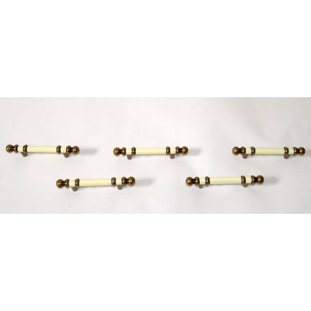 Atelier Jansen Set of 5 Mid-Century Modern Brass Beige Enamel Drawer Cabinet Dresser Pulls Hardware For Sale - Image 4 of 12