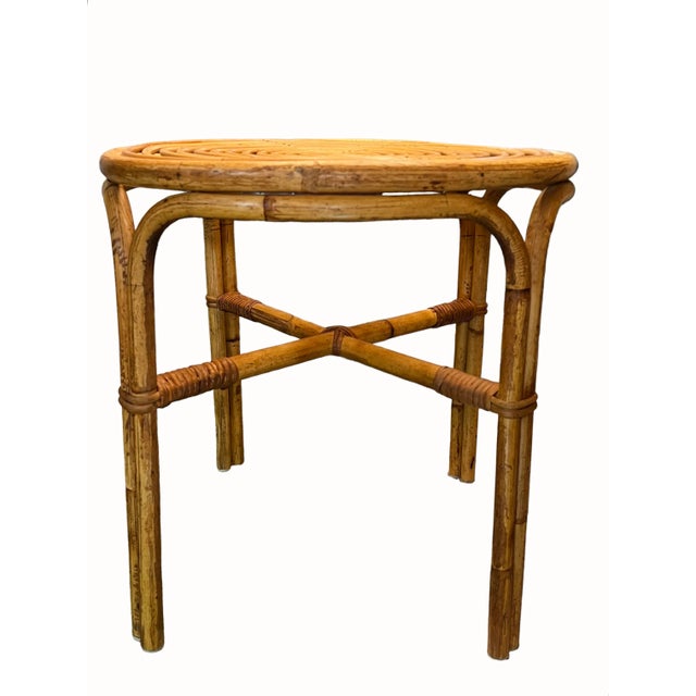 Mid-Century Italian Bamboo & Rattan Side Table With Sculptural Spiral Top, 1950s–60s For Sale - Image 4 of 11