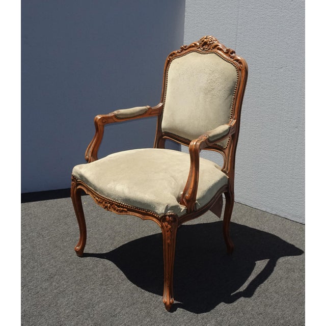 Vintage French Provincial Country Ornate Sage Green Suede Accent Chair