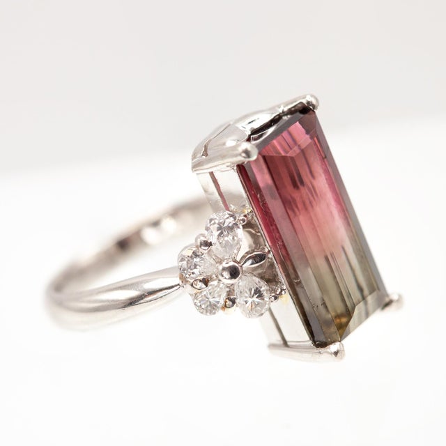 Platinum 1990s Platinum Watermelon Tourmaline Diamond Ring Size 5.75 For Sale - Image 8 of 13