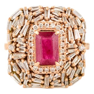 14k Rose Gold Ruby and Diamond Wedding Cluster Ring Size 7 For Sale