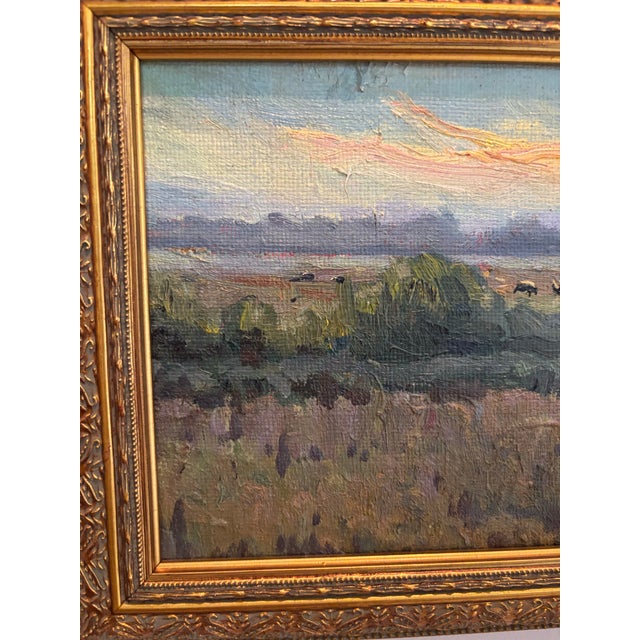 Signed vintage European impressionist oil painting on board with cows in background and lovely sky and horizon. Unable to...