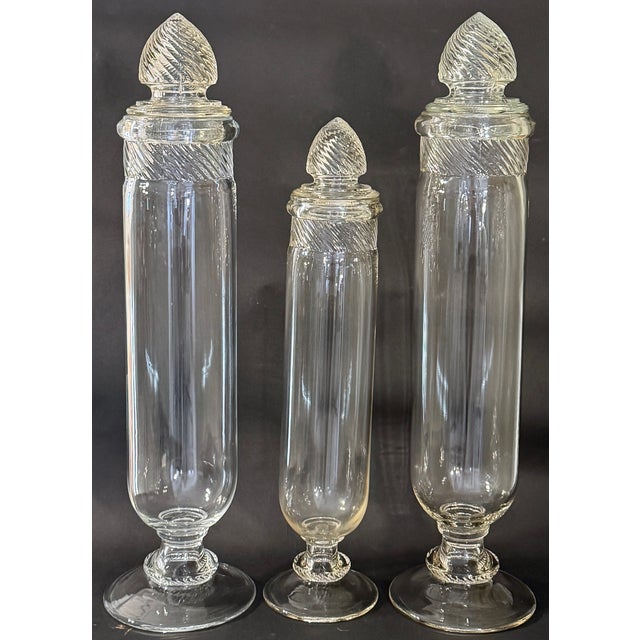 Victorian 19th Century Molded Glass Apothecary Jars, Set of Three, Barley Twist Lids For Sale - Image 3 of 11
