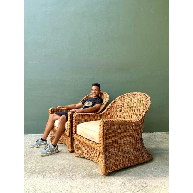 Vintage Braided Rattan Lounge Chairs - Pair For Sale - Image 16 of 18
