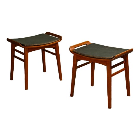 Teak Stools with Black Leather Cushions by P. Jensen, Denmark, 1960s, Set of 2 For Sale