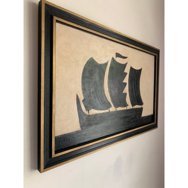 A striking large-scale maritime silhouette rendered in black against a softly aged off-white ground. The bold simplicity...
