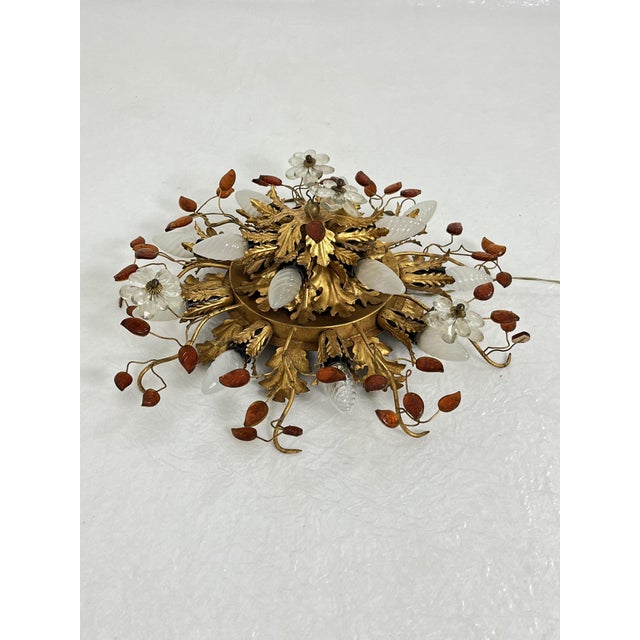 Large 15-Light Ceiling Lamp in Gold-Plated Wrought Iron and Colored Crystals from Banci Firenze, 1980s For Sale - Image 4 of 13
