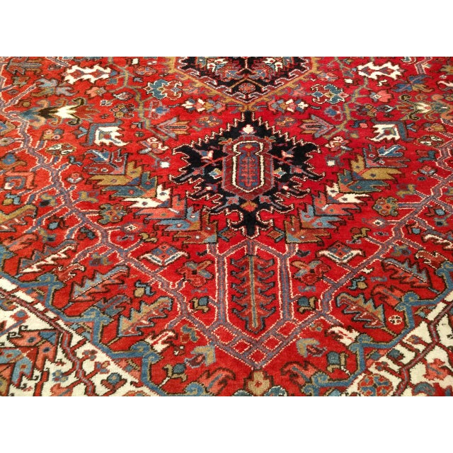 Textile Vintage Oversize Heriz Rug, Hand-Knotted Geometric Pattern, Red & Ivory, 11’ X 19’ For Sale - Image 7 of 12