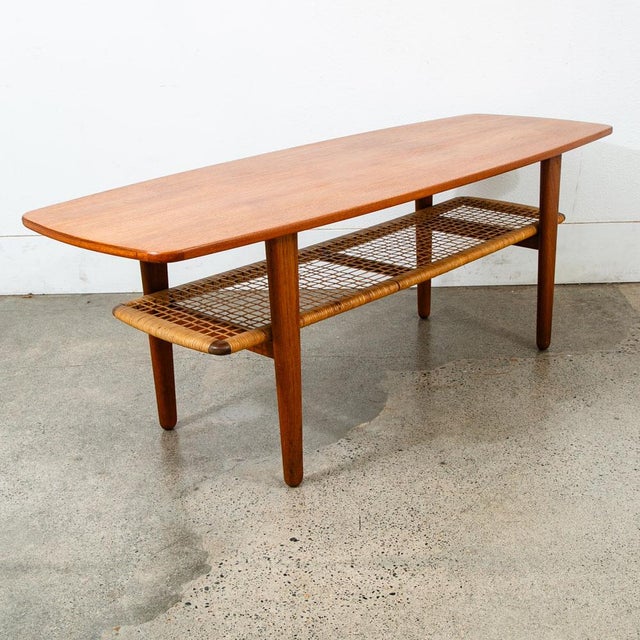 Mid Century Danish Modern Coffee Table Denmark Stamped Teak Cane Wrapped Shelf For Sale - Image 4 of 12