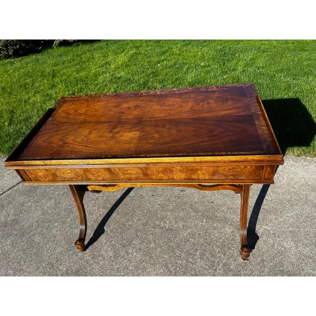 Brown Vintage Mounted Walnut Writing Desk Attributed to Baker Furniture - Original Brass Accents For Sale - Image 8 of 11