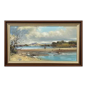 Frank Fitzsimons, Ireland Seascape Landscape with Boats & Figures by Contemporary Irish Artist, 1985 Circa
