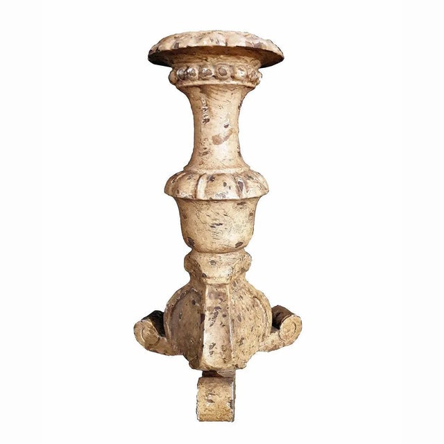 A charming candleholder, hand carved in wood and polychromed in natural color. From India. Rustic style, circa 1970. Three...