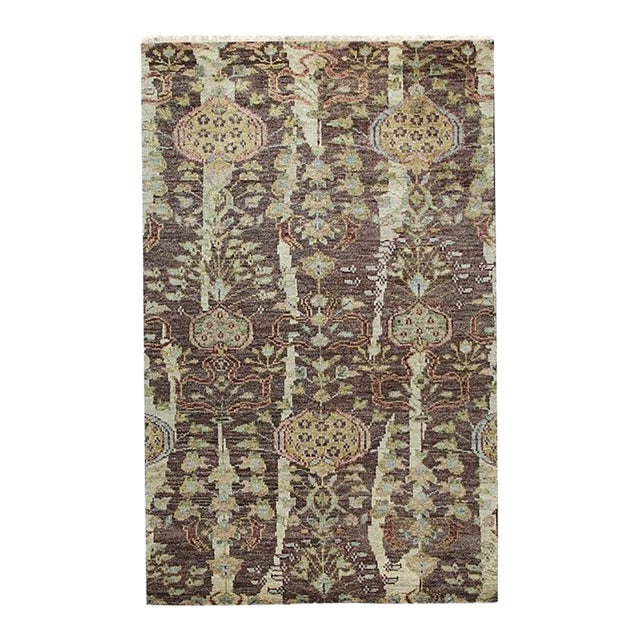 5x8 Brown Hand-Knotted Wool Striated Earth Tones Harshang Crab Modern Carpet Rug For Sale