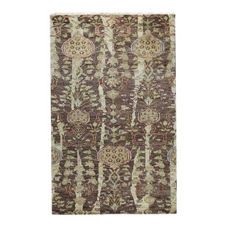 Brown Distressed Floral Hand-Knotted Wool Rug 5x8 For Sale