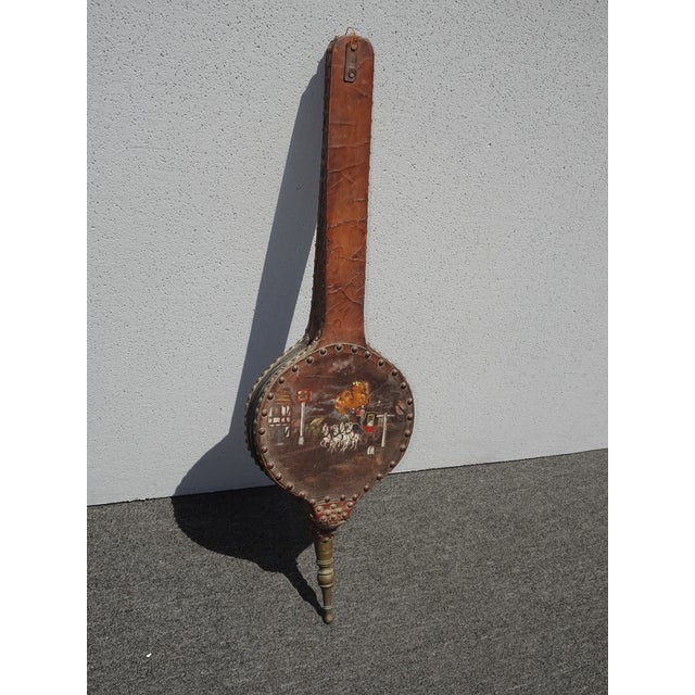 French Country Antique French Country Brown Leather Bellow With Long Handle Wall Decor For Sale - Image 3 of 12