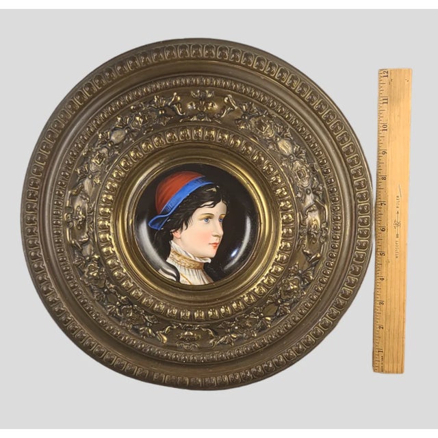 Brass Antique 19th Century German Porcelain Plate Hand Painted Portrait Brass Repoussé Wall Charger Frame For Sale - Image 8 of 8