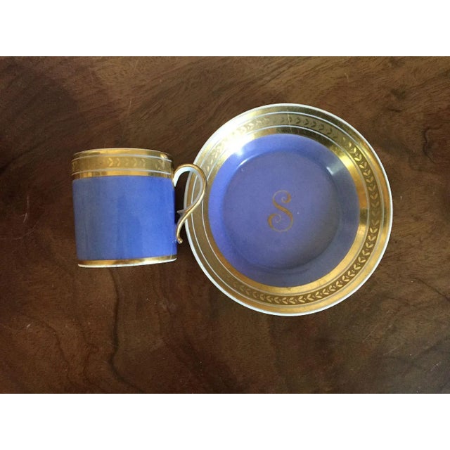 Cornflower Blue 1800 - 1810 French Empire Porcelain Monogrammed "S" Coffee Can/Tea Cup & Saucer - 2 Pieces For Sale - Image 8 of 11