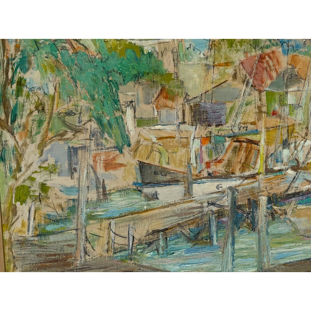 Wood Vintage Boat Harbor Marina Painting Helen Silesky 1959 Boats in Florida Marina Cubist Mid Century Modern For Sale - Image 7 of 12