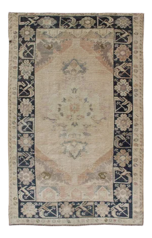 Vintage Turkish Oushak Rug in Tan & Navy Blue With Floral Medallion Design and Sub Geometric Border