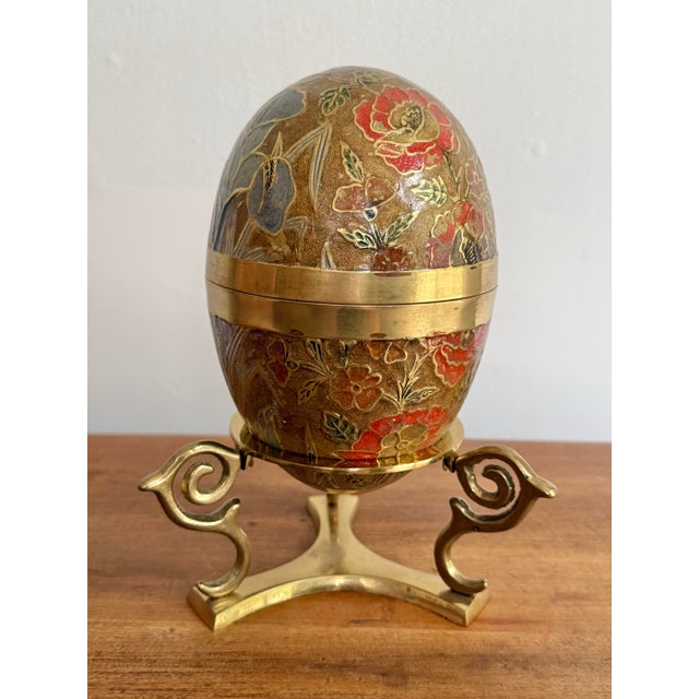 Large 1970s Brass and Enamel Floral Egg Box on Stand For Sale - Image 4 of 8