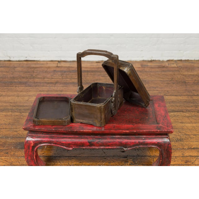 Chinese Antique Lidded Lunch Box with Volutes, Handle and Distressed Finish For Sale - Image 9 of 11