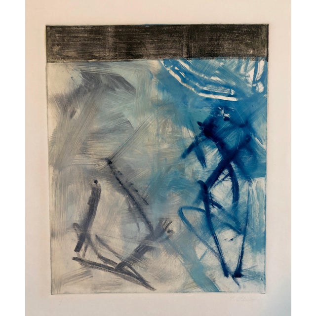 Pierre Obando, Abstract Expressionist Modernist Blue Grey Monoprint Monotype Painting Print, 1997 For Sale