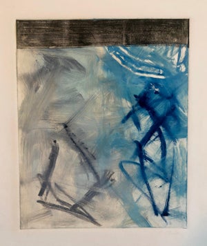 Pierre Obando, Abstract Expressionist Modernist Blue Grey Monoprint Monotype Painting Print, 1997