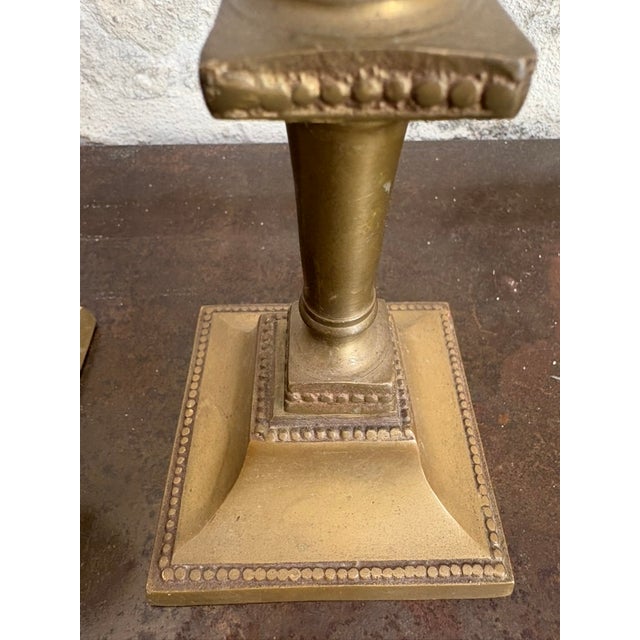 Brass Pair of Antique Brass Victorian Candlesticks, Beaded Square Base For Sale - Image 8 of 10