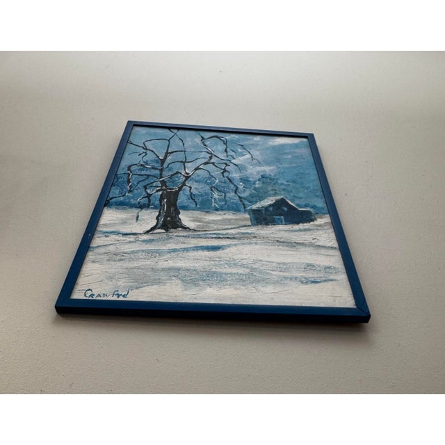 Vintage Scandinavian Modern Folk Art Winter Landscape Expressionist Original Framed Oil Painting For Sale - Image 11 of 12