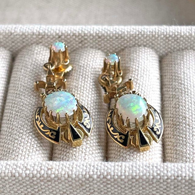 Victorian 14k Gold Opal Black Enamel Earrings - 2 Pieces For Sale - Image 4 of 11